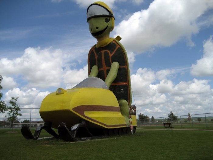 Can a turtle ride a snowmobile? They can if it's the World's Tallest Turtle Riding the World's Largest Snowmobile in Bottineau, North Dakota (population 2,200)